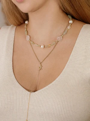 rožinis kvarcas, prehnitas, citrinas, kalnų krištolas, upiniai perlai